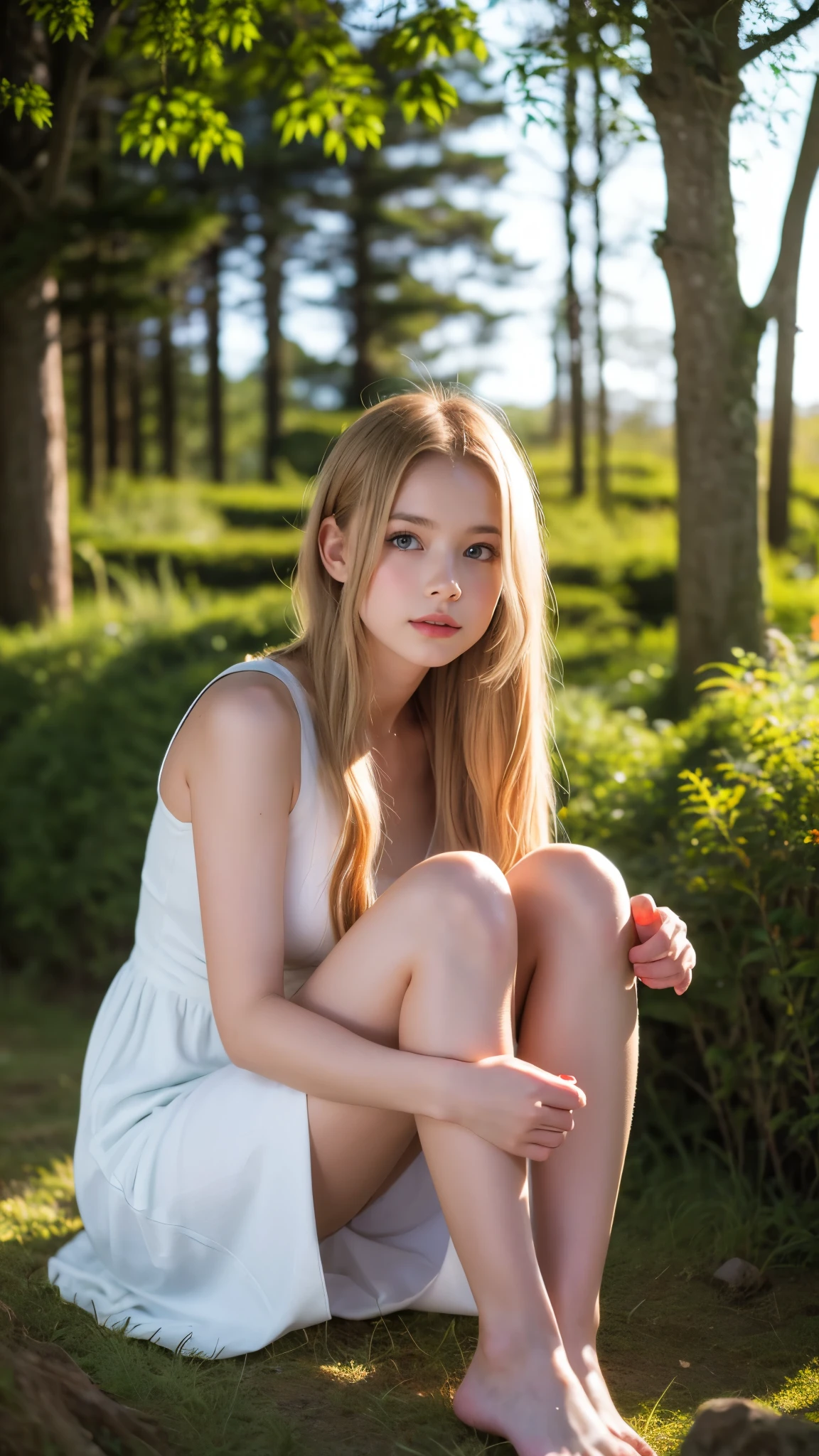 CREATE AN IMAGE OF A YOUNG Caucasian GIRL IN A GARDEN IN A WHITE MINIMAL DRESS SITTING ON A ROCK, Blonde Hair, Closed Mouth, 