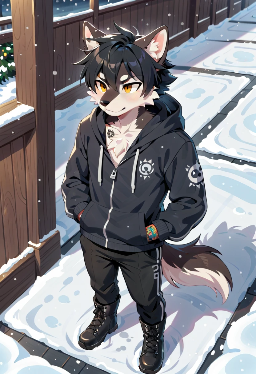 (Big male black wolf, anthro, fur tufts, fluffy fur, furry, flat chest, chest fur, black fur, black hair, short hair, tattoo, black hoodie, black pants, black boots), (I’m walking, hands in my pockets, raising my head to the sky, looking at the falling snowflakes, from above), (winter, snowfall, street)