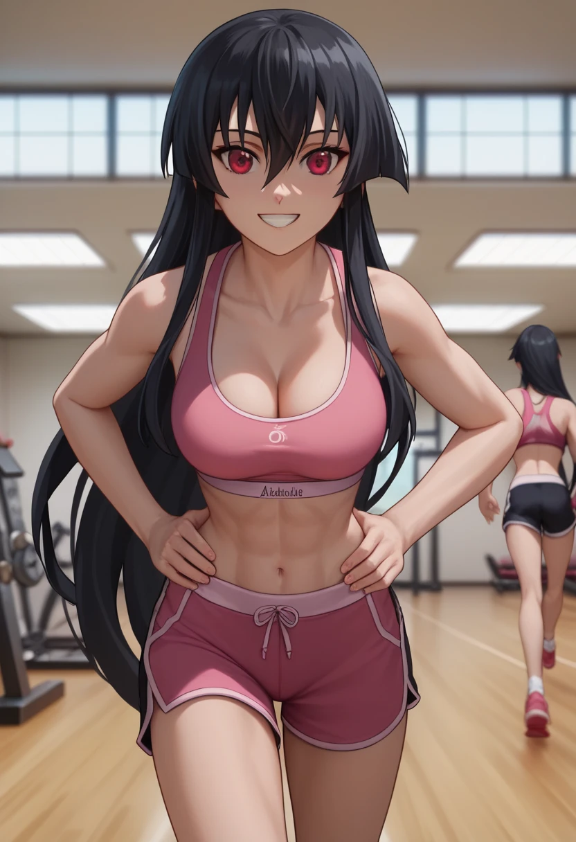 (masterpiece, best quality:1.2), highres, high resolution, 1girl, solo,akame, long hair, black hair, red eyes, hair between eyes, smile, teeth visible, ((pink sports bra)), midd riff, shorts, running shorts, ((black running shorts)), indoors, gym, blur bacground, bangs, (medium breast), cleavage, looking at viewer, cinematic lighting, perfect fingers, perfect anatomy, beautiful face, alluring face, extra detailed face, award winning quality, blur background, ((masterpiece)), high quality, hands on hip, dynamic pose, (cowboy shot)