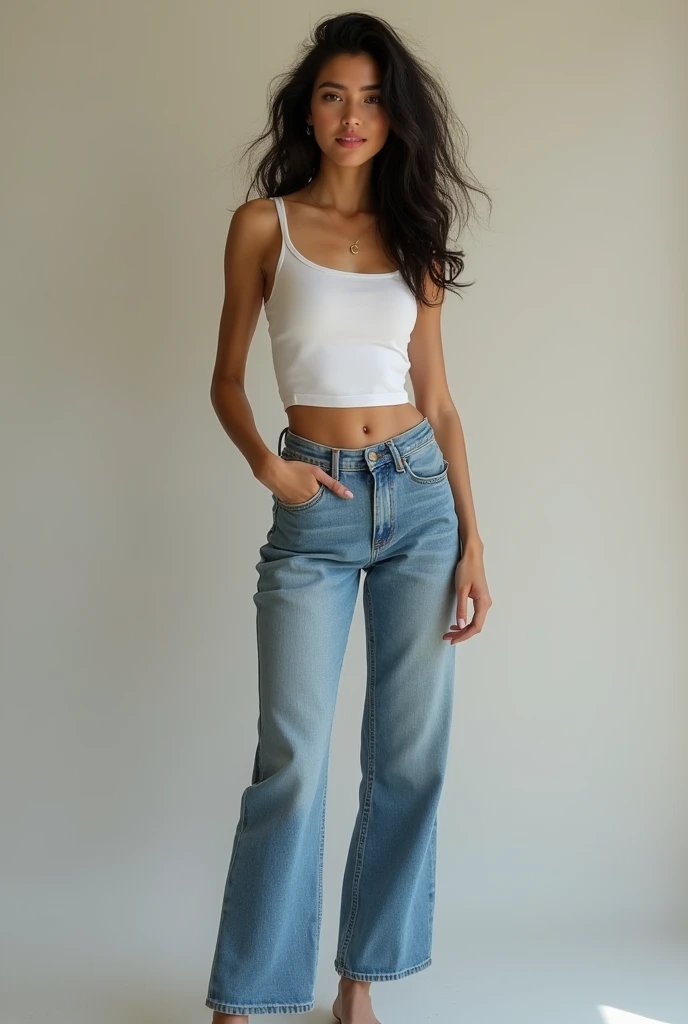 A women styling jeans and top with lavender canvas shoes