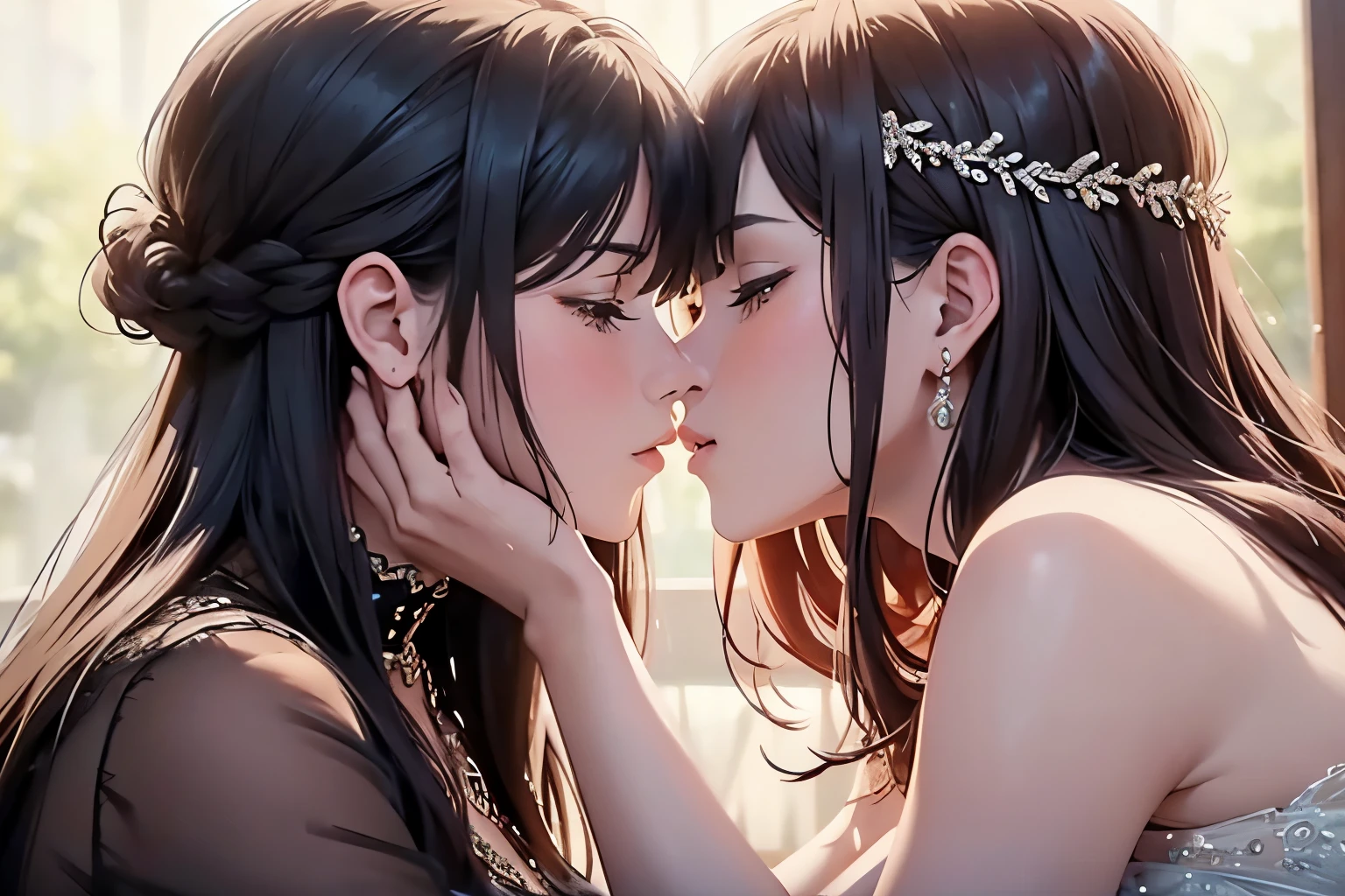 here is 2 kissing females one of then is holy knigh and other is demonic succubus queen, they hugging each other and passionaly kissing on the bed, (ultra high quality fantasy art, dafk fantasy style, masterpiece, ultra highquality character design, 8k quality anime art, realistic anime art, top quality wallpaper illustration, detailed ultra high quality acurate face, highquality design and acurate physic)