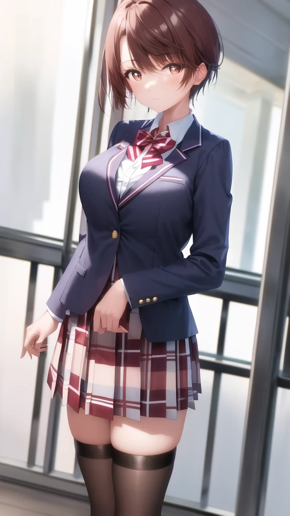 masterpiece, best quality, girl, solo, looking at viewer, yuuta_kadowaki, large breasts, Red bow, striped bow, blazer, blue jacket, long sleeves, plaid skirt, brown skirt, black thighhighs, outdoors, cowboy shot, standing, looking at viewer,