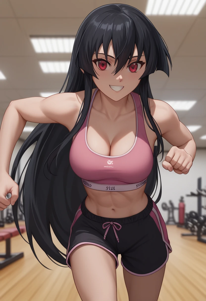 (masterpiece, best quality:1.2), highres, high resolution, 1girl, solo,akame, long hair, black hair, red eyes, hair between eyes, smile, teeth visible, ((pink sports bra)), midd riff, shorts, running shorts, ((black running shorts)), indoors, gym, blur bacground, bangs, (medium breast), cleavage, looking at viewer, cinematic lighting, perfect fingers, perfect anatomy, beautiful face, alluring face, extra detailed face, award winning quality, blur background, ((masterpiece)), high quality, dynamic pose, (cowboy shot)