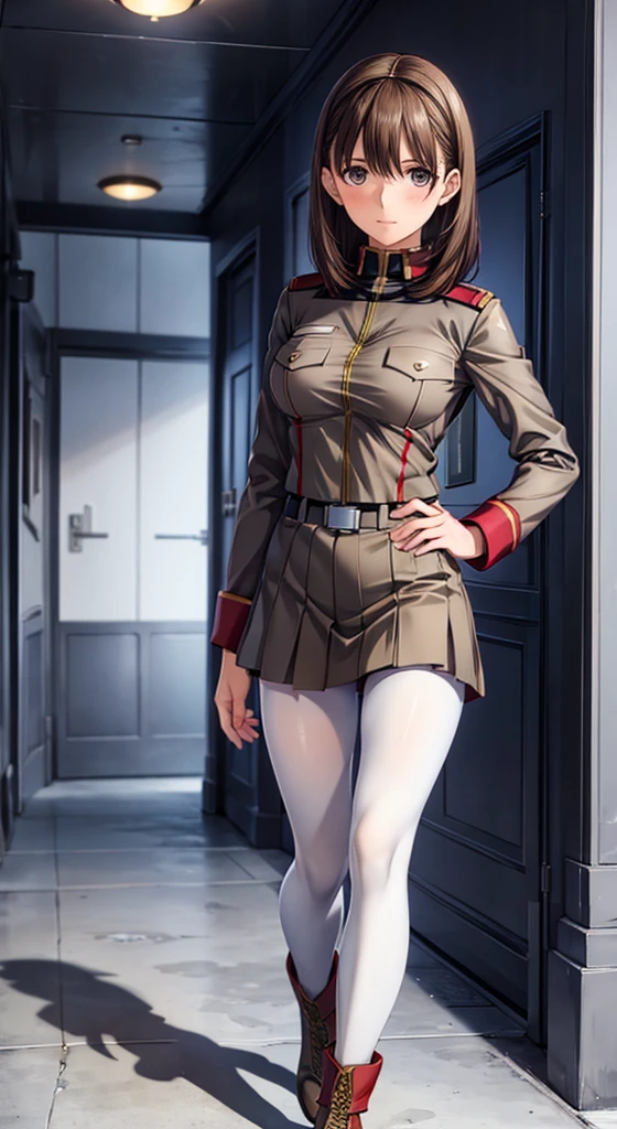 anime girl in uniform posing in a hallway with her hands on her hips, (sfw) safe for work, anya from spy x family, in uniform, red uniform, cushart krenz, female protagonist 👀 :8, cushart kenz, fully - clothed!!!, in a soldier uniform、(white tights:1.0),(army boots:1.0)