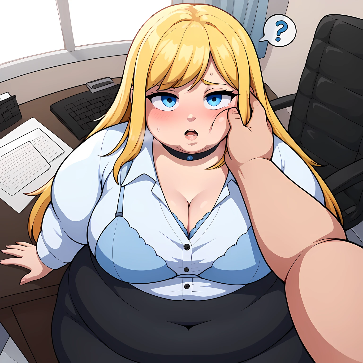 1girl, medium breasts, yellow hair, black choker, blue eyes, long hair, office room, office, light blue led lights, white shirt, black pencil skirt, light blue bra peek swollen face, fat, chubby, obese, open mouth, out of breath, absurdres, highres icon, rating:General, confused, blush, {flustered}, nervous sweating, portrait, pov hands, hand on another's cheek, averting eyes, [looking away], straight-on, from above,  upper body, masterpiece, best quality, ultra-detailed, high resolution, 8K, 