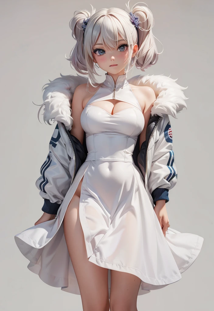 Original characters, realistic girl, realistic skin color, ultra real girl, natural volumetric lighting and the best shadows, tight red dress, deep depth of field, sharp focus, incredibly beautiful short girl portrait, beautiful and delicate and attractive face with seductive blue eyes, adorable small breasts, crisp eyeliner, windswept shaggy white hair, medium hairstyles in thick layers, blush eyeshadow with thick lashes, half-open lips, gorgeous school suit, (sitting on the moon/stars/clouds adorable patterned stone: 1.2), (highest quality, amazing details: 1.4), masterpiece