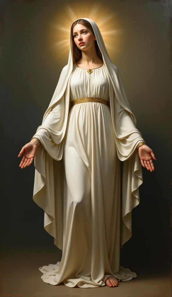 The whole body of the bewitching, lascivious and beautiful Virgin Mary、Wearing a bluish-beige tunic, a pink cloak and veil