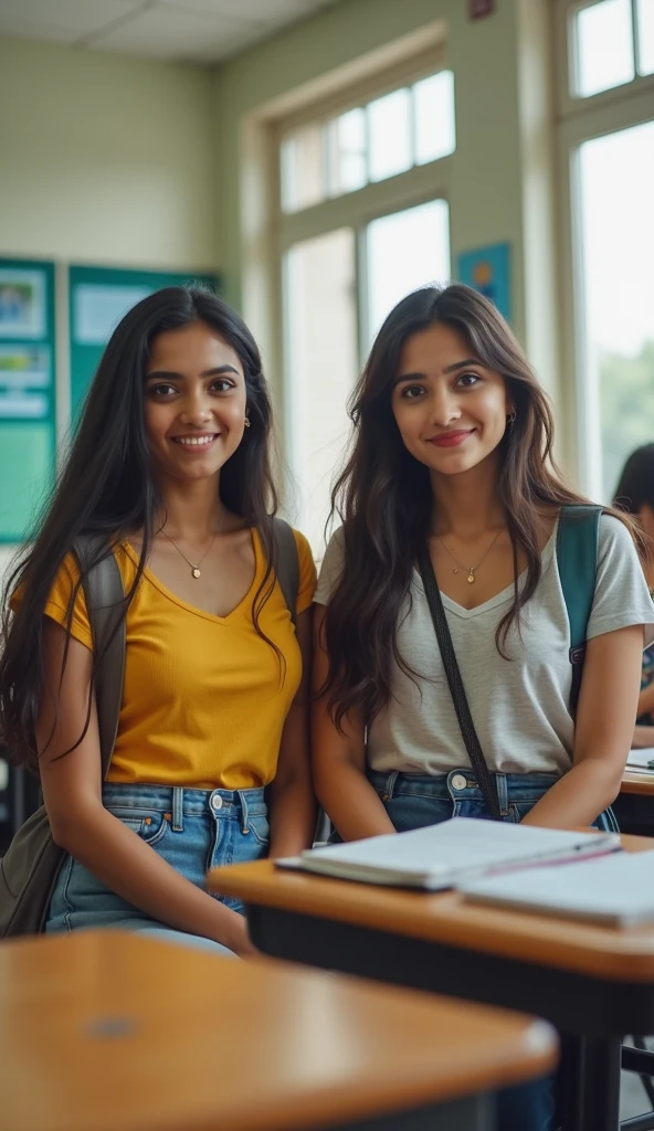 (highres,realistic,best quality:1.2),portrait,studio lighting,South Asian Collage Students,happy face,detailed eyes,detailed lips,natural poses,colorful clothes,modern hairstyles,friends chatting in a cafe,books and notebooks on the table,smiling faces,diverse expressions,indoor scene,vibrant colors,soft natural lighting.