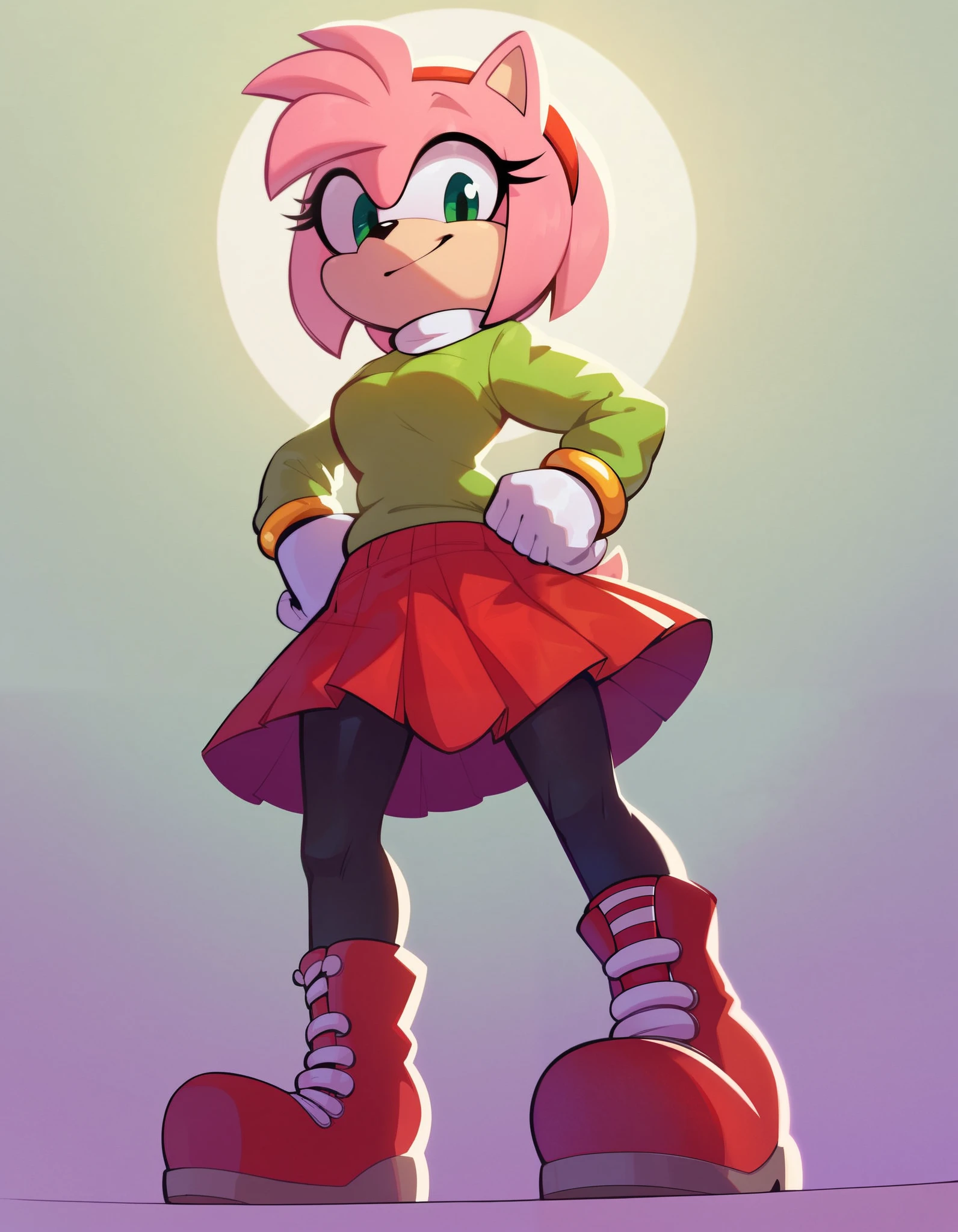 masterpiece, best quality, amazing quality, very aesthetic, absurdres, solo, full body, no humans
solo,  standing,  hands on own hips,  leaning forward,, shaded face,  raised eyebrows,, low angle view,
evnstnly, amy rose, furry, pink fur, green eyes, sweater and pleated skirt set, ankle boots, pantyhose, , white gloves,