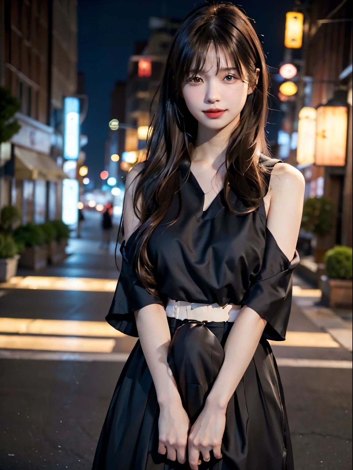  one girl,(employment.repair:1.4)、( loose blouse :1.4),( Long Skirt :1.3)、( RAW photo,  best quality), ( realistic ,  photorealistic:1.4), ( hair is messy,  asymmetrical bang,   I have a lot of dark brown hair, ponytail :1.3),smile、   so delicate and beautiful , 非常に Detailsな, 8k wallpaper,  Stunning ,  Details, 非常に DetailsななCG Unity,  high definition , Soft light,  19 year old girl beautifully illustrated in every detail, 非常に Detailsな目と顔, 美しい Detailsな鼻, Beautiful fine details, movie lighting, City lights at night,  perfect anatomy  , slender body , Erection under clothes