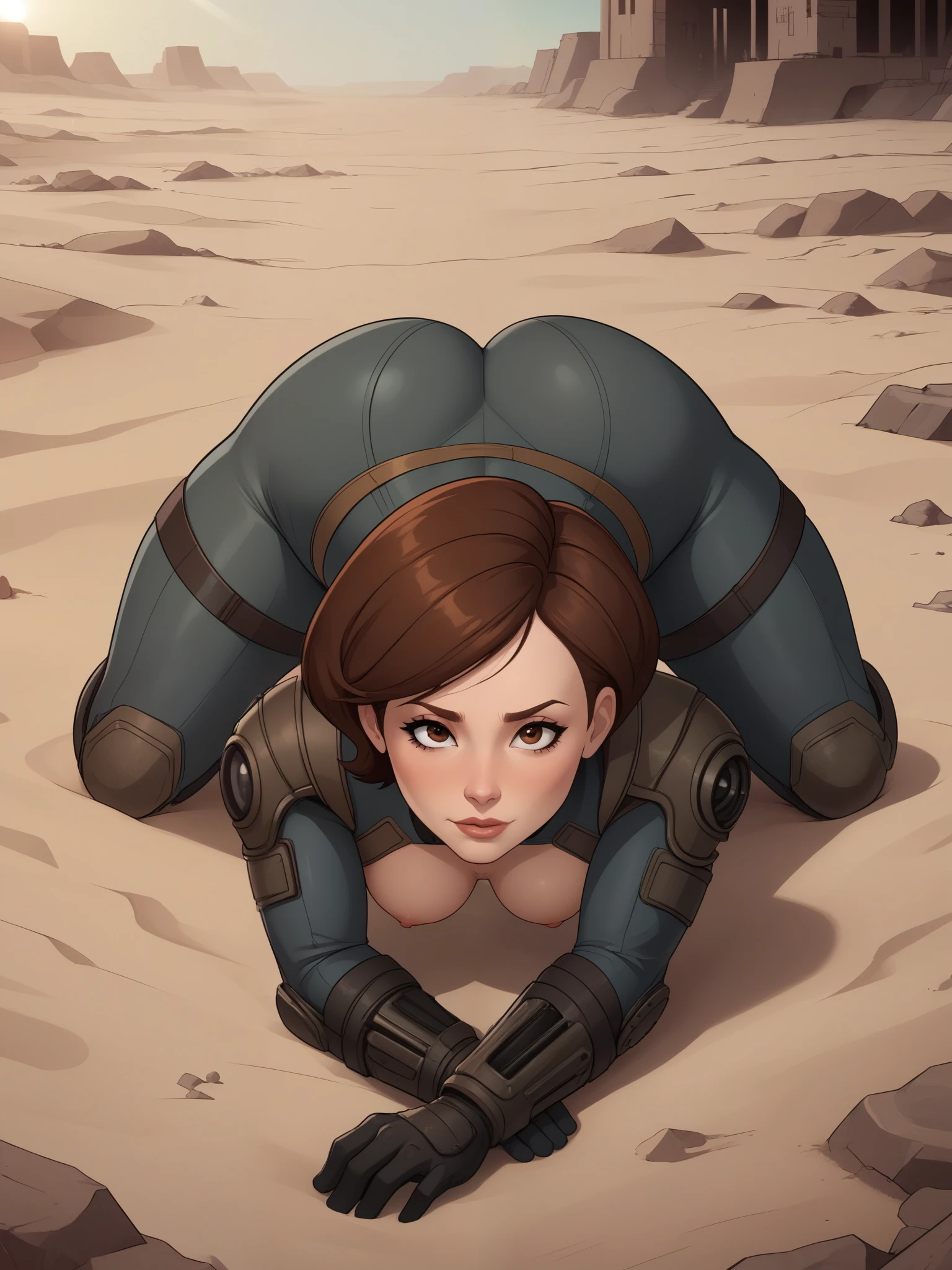 Helen Parr. choker. small waist. small saggy breasts. huge hips. brown hair. brown eyes. fallout suit. desert. ruins. face down ass up