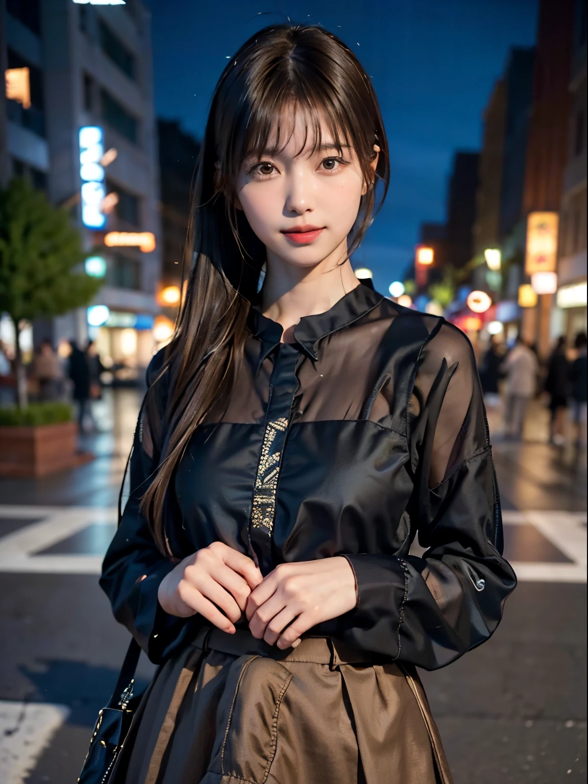  one girl,(employment.repair:1.4)、( loose blouse :1.4),( Long Skirt :1.3)、( RAW photo,  best quality), ( realistic ,  photorealistic:1.4), ( hair is messy,  asymmetrical bang,   I have a lot of dark brown hair, ponytail :1.3),smile、   so delicate and beautiful , 非常に Detailsな, 8k wallpaper,  Stunning ,  Details, 非常に DetailsななCG Unity,  high definition , Soft light,  19 year old girl beautifully illustrated in every detail, 非常に Detailsな目と顔, 美しい Detailsな鼻, Beautiful fine details, movie lighting, City lights at night,  perfect anatomy  , slender body , Erection under clothes