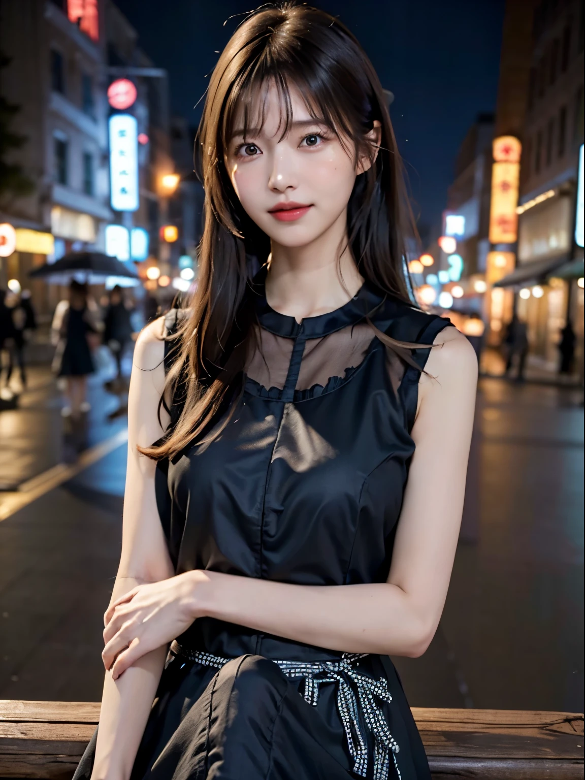  one girl,(employment.repair:1.4)、( loose blouse :1.4),( Long Skirt :1.3)、( RAW photo,  best quality), ( realistic ,  photorealistic:1.4), ( hair is messy,  asymmetrical bang,   I have a lot of dark brown hair, ponytail :1.3),smile、   so delicate and beautiful , 非常に Detailsな, 8k wallpaper,  Stunning ,  Details, 非常に DetailsななCG Unity,  high definition , Soft light,  19 year old girl beautifully illustrated in every detail, 非常に Detailsな目と顔, 美しい Detailsな鼻, Beautiful fine details, movie lighting, City lights at night,  perfect anatomy  , slender body , Erection under clothes