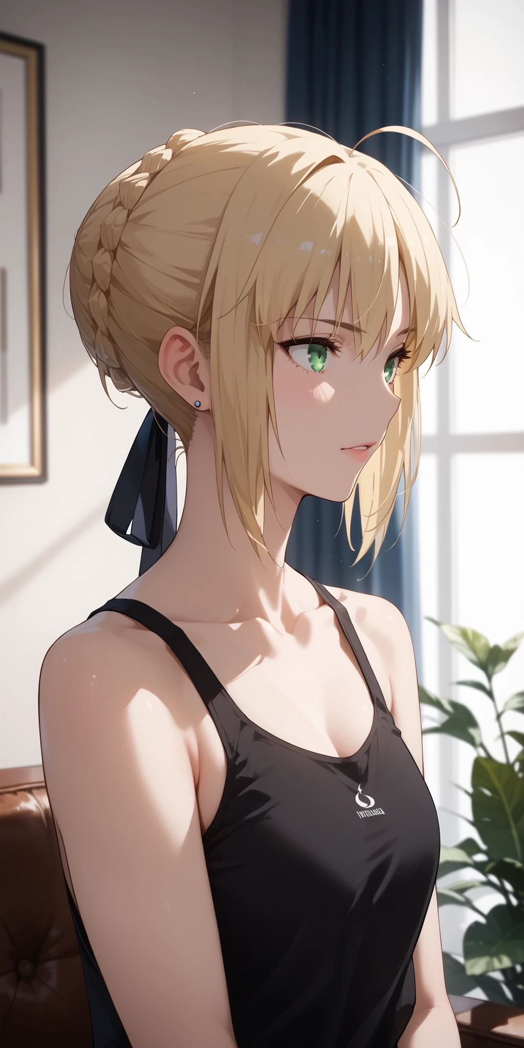 Score_9, Score_8_up, Score_7_up, Source_anime, anime art, anime style, very aesthetic, masterpiece, high quality, 1girl, female, black tank top, SaberFS, blonde hair, green eyes, short hair, french braid, ahoge, soft light