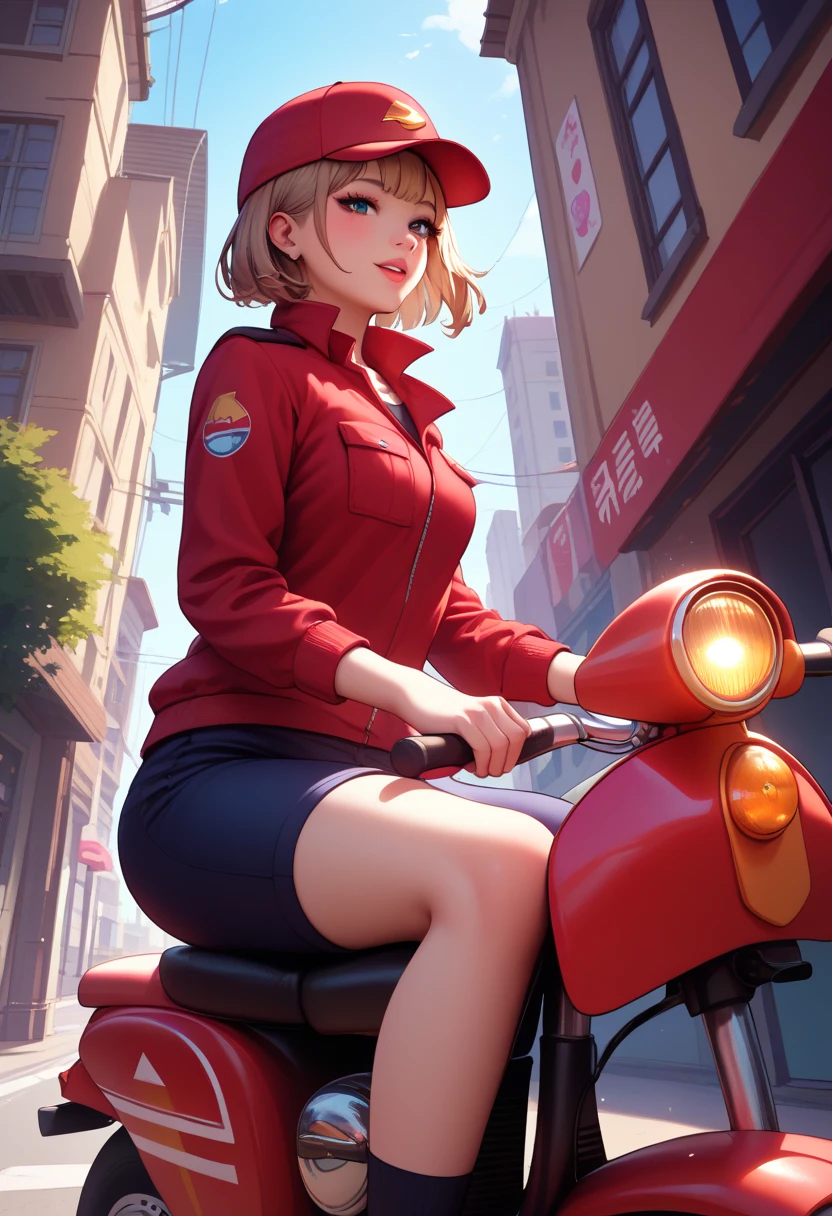 score_8,  young woman with light brown bob cut hair 、 wearing a red uniform and cap 、 riding a red delivery scooter through the city at dusk。 on the back of the bike 。side view,  scooter with a fixed delivery box 。 the cityscape is lined with cafes and small shops 、 riding warm lights and streetlights softly illuminating the city 。The sky changes from orange to purple 、dim, A lively atmosphere spreads 。low angle

