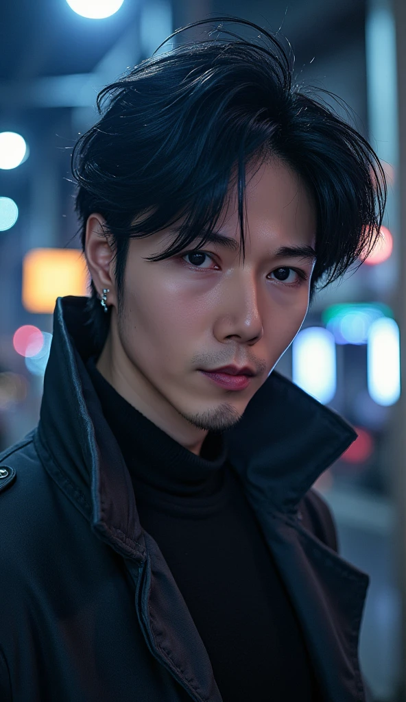 change background si-fi, night aesthetic anime style, wear shirt, 8k, ultra realistic, Handsome, jojo, 38-year-old male, Photorealistic, 8k, photography, masterpiece, detailed face, detailed eyes, Black hair with gray Sporadic,