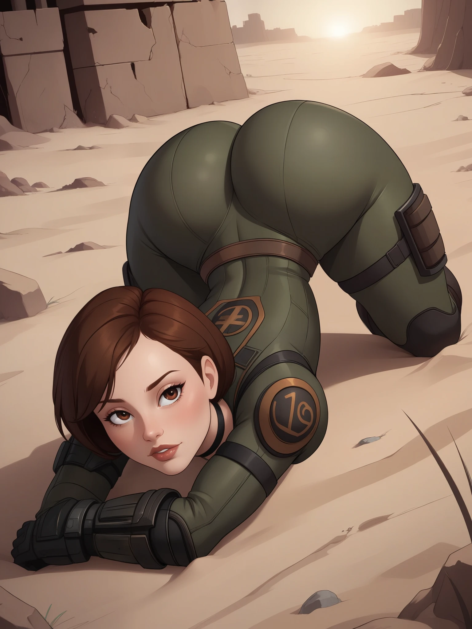 Helen Parr. choker. small waist. small saggy breasts. huge hips. brown hair. brown eyes. fallout suit. desert. ruins. face up, ass down