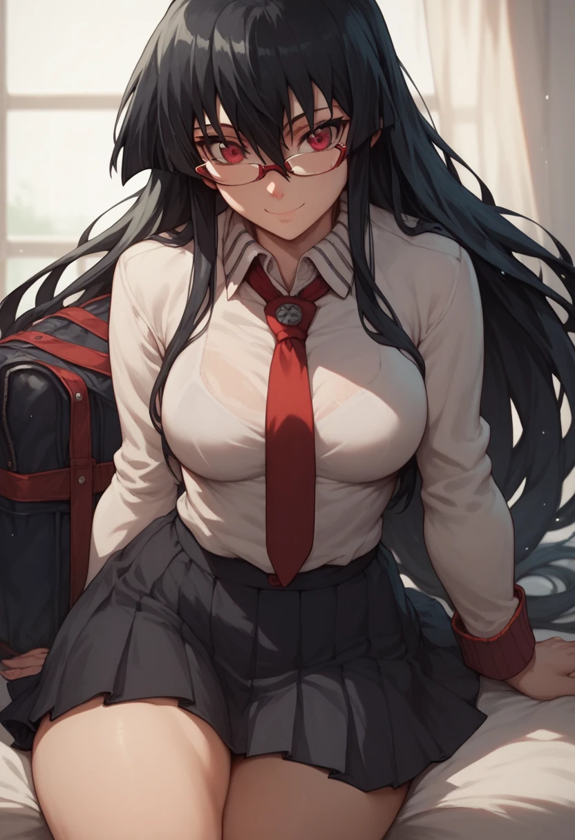 1 girl, solo,akame, long hair, black hair, red eyes, hair between eyes, medium breasts, big thighs, big butt, With a smile, with glasses, school skirt, anime style