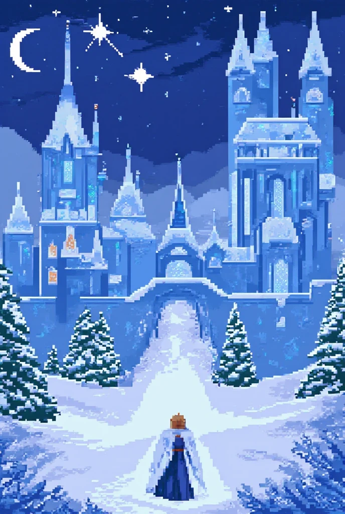 (pixel art) .In a serene pixel art landscape, a majestic ice palace rises from the frozen tundra. Icy blue walls and glittering windows reflect the soft, pale light of the moon, casting an ethereal glow. A regal queen stands at the entrance, her fur-trimmed cape billowing in the gentle breeze as she surveys her kingdom, surrounded by delicate frost-covered trees and a blanket of snow.