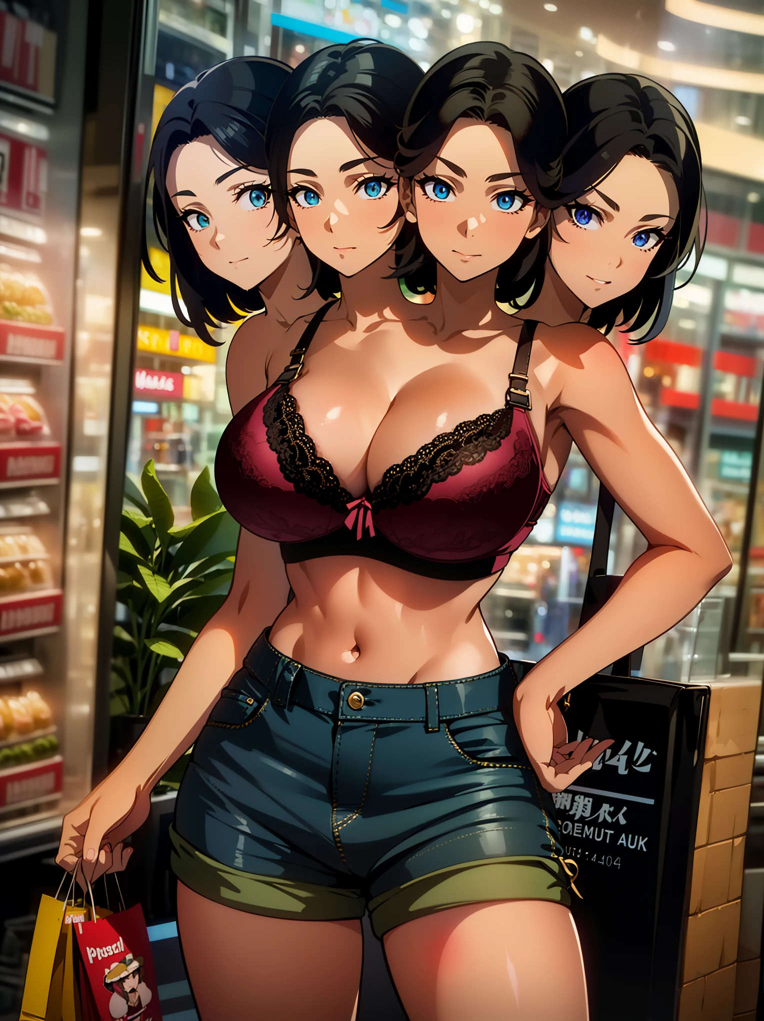 (masterpiece),(ultra-detailed), (high quality), (high resolution), best quality:1.5, UHD, 4K), best quality, masterpiece, 4k, ((4heads:1.5)), ((crop top)), ((cropped bra)), hot pants, (shopping bags), mall background, seductive eyes, sharp looking eyes, seductive silhouette, ((cel shaded))