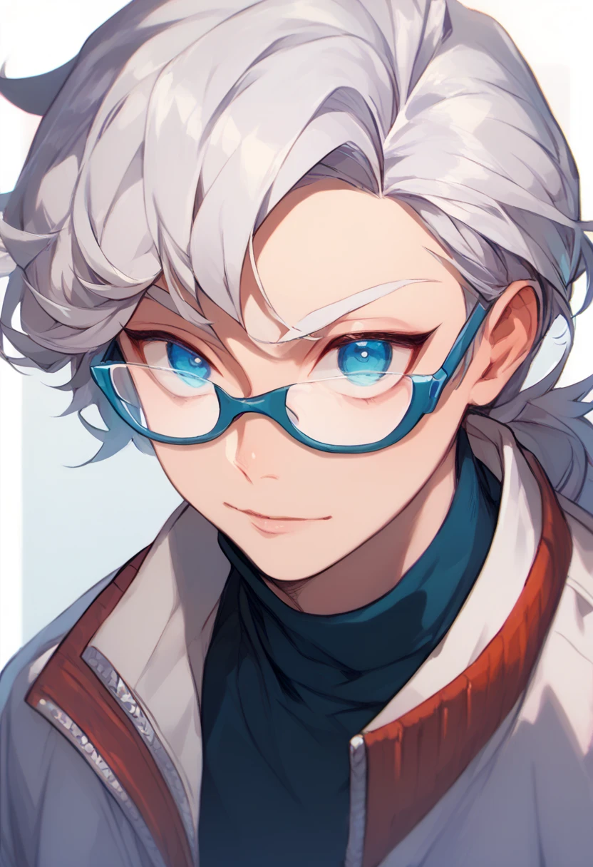 Skinny nerdy man with long white hair with blue eyes and fair skin while wearing clothes, jackets and glasses