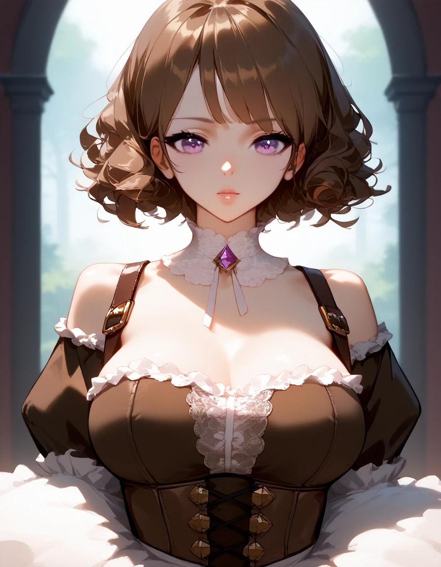 1girl, solo, high resolution, good quality, high details, chin-lenght hair, short hair, fluffy hair, brown hair with bangs, light purple eyes, simple white lace dress, off-shoulders, under bust corset, brown leather corset, long sleeves, puffy sleeves, large breasts, doe eyes, petite, adorable, very cute, historical