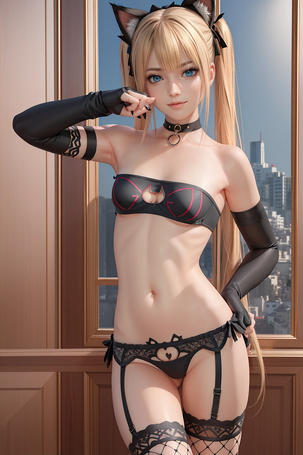 best quality,Amazing,masterpiece,delicate,ultra high res,sharp focus,(extremely detailed CG unity 8k wallpaper),Realistic model,extremely detailed cg unity 8k wallpaper,1girl,3d,(strapless top:1.5),elbow gloves,fingerless gloves,bare shoulders,navel,lace-trimmed panties,black garter straps,foot,toes,barefoot,blush,smile,blue eyes,blonde hair,twintails,very long hair,cat hair ornament,hair bow,choker,garter belt,fishnet legwear,( Cat claw shaped tattoos :1.2),Tattoos on the lower abdomen ,Cutout cat ear shaped top,black top with cut-out cat-shaped designs and paw prints across her torso,(Navel:1.2)