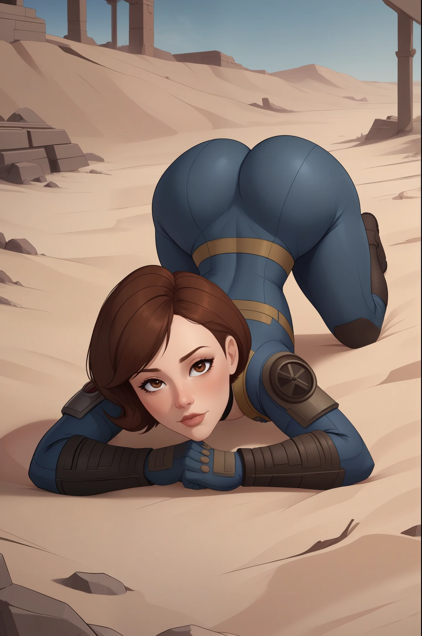 Helen Parr. choker. small waist. small saggy breasts. huge hips. brown hair. brown eyes. fallout suit. desert. ruins. face up, ass down