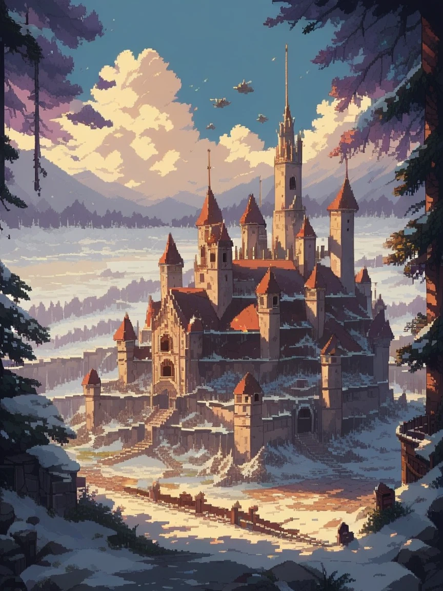 score_9, score_8_up, score_7_up, score_6_up, d3p1x3l, pixel art, scenery, Ice Kingdom, a northern kingdom closed off by snow, a castle made of ice stands high above the city, surrounded by coniferous forests and protected by a wall of ice,