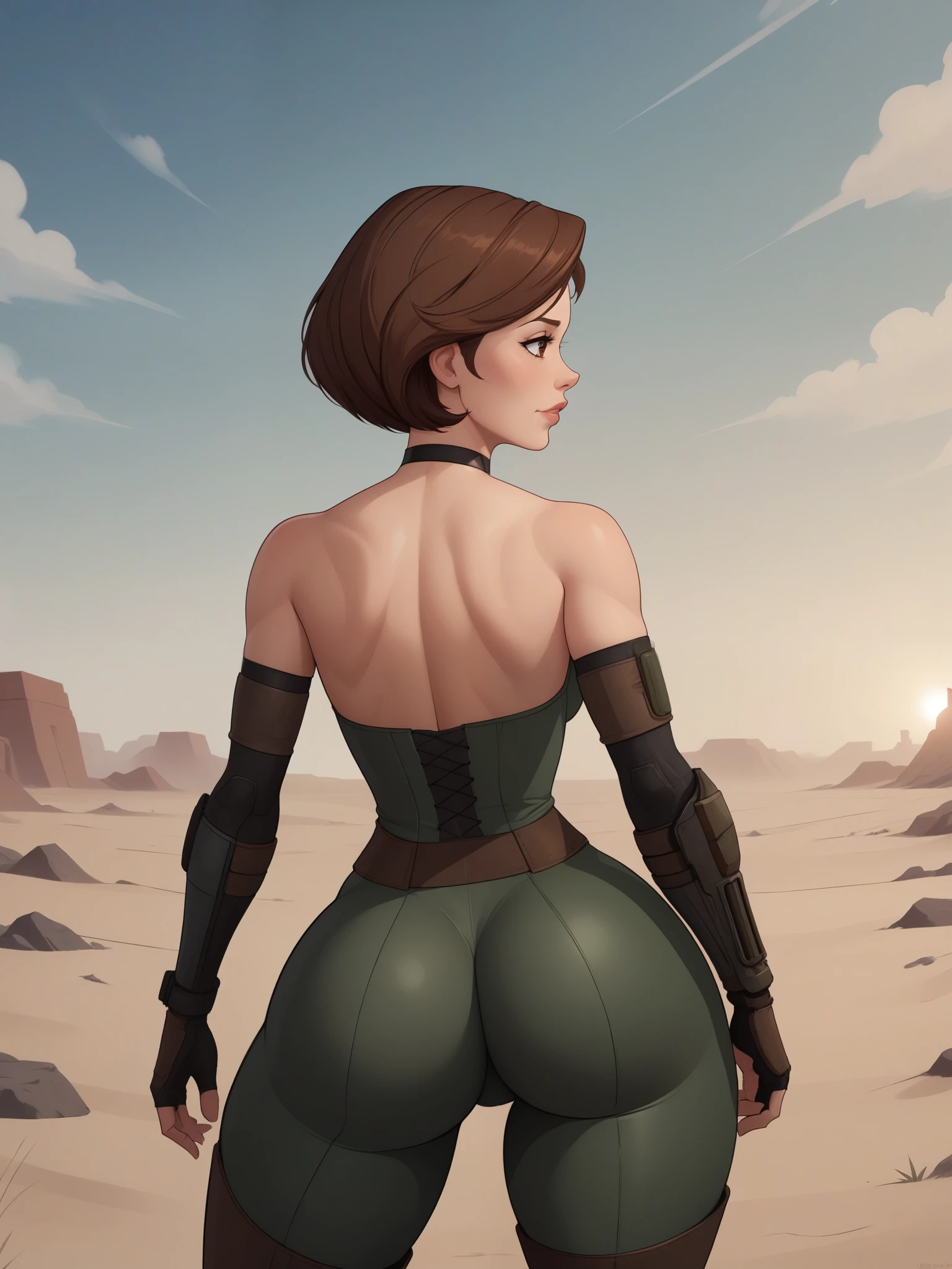 Helen Parr. choker. small waist. small saggy breasts. huge hips. brown hair. brown eyes. fallout suit. desert. ruins. rear view,