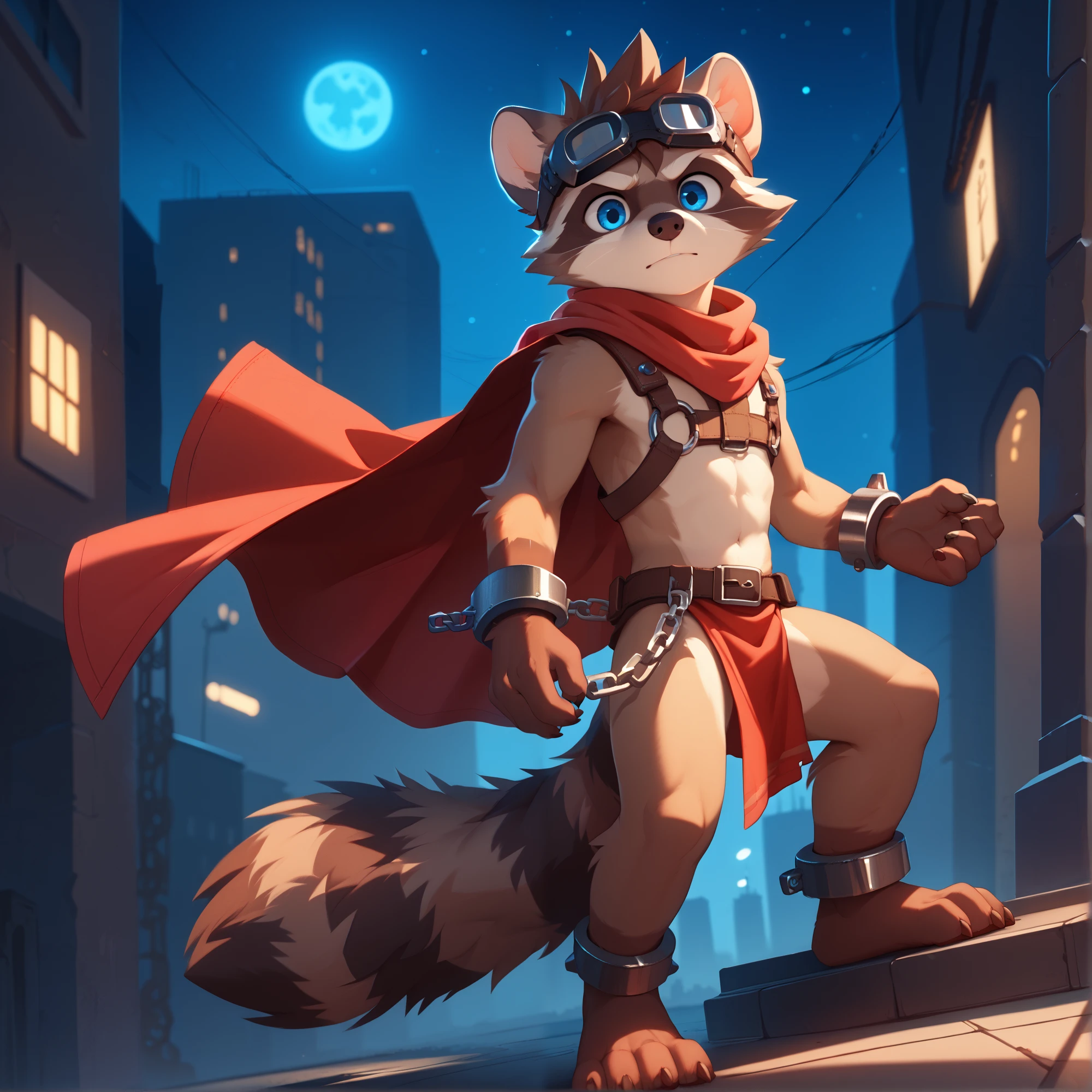 no lighting, deep shadow, dynamic angle, masterpiece, high quality, hi res, solo, young Furry, young, raccoon, spiked brown hair only on head, red scarf, blue eyes, goggles, chain harness, red loincloth, red cape, masterpiece, detail body, fur all over body, detailed face, detailed eyes, detailed hands, Skinny, claws, high resolution, metal cuffs on wrists, metal cuffs on ankles, no shirt, no underwear, city, night, dance, side view