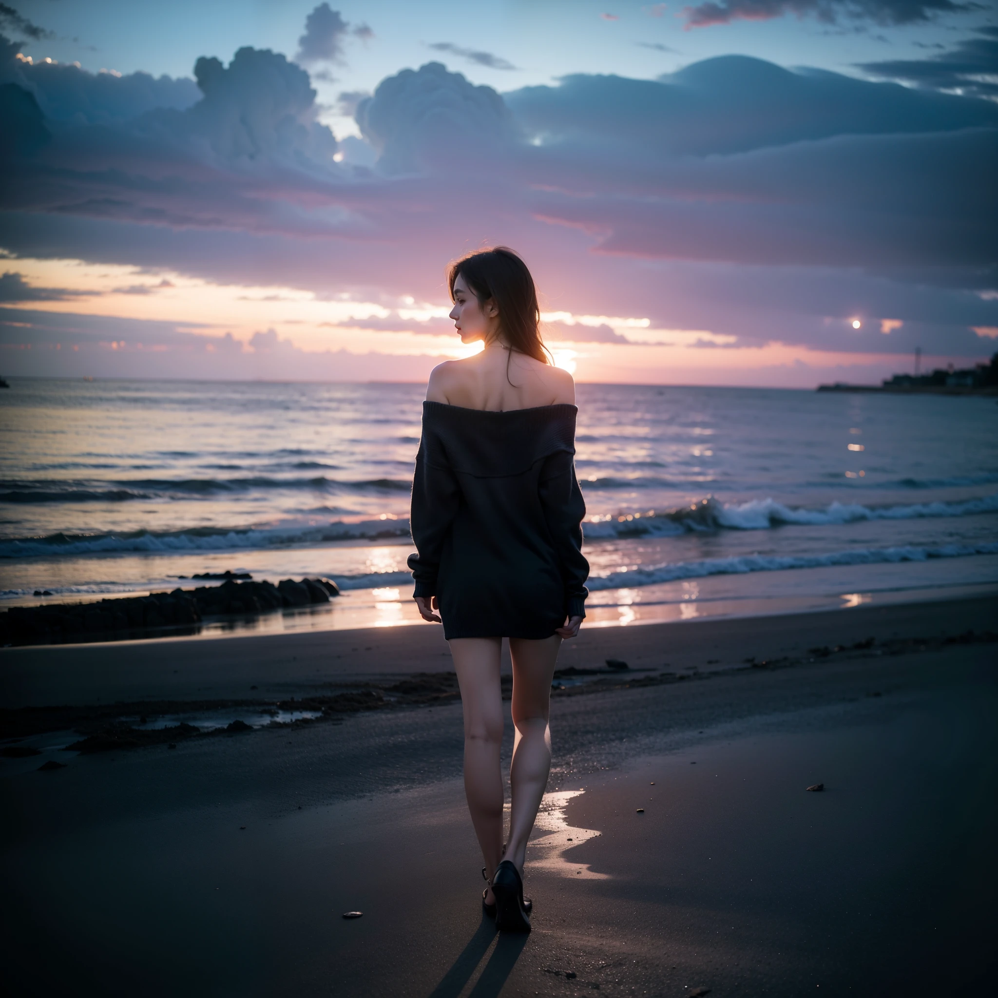 (((Masterpiece))), 25-year-old Caucasian French girl with shoulder-length messy red hair, adorned with  crystal glow, blooming hair akin to . Certainly!

A silhouette of a girl standing with her back to the camera.she is sitting on the beach, in front of her there is the sea, there is sunrise, there is a bottle of wine next to her, wearing a hoodie, black shorts,