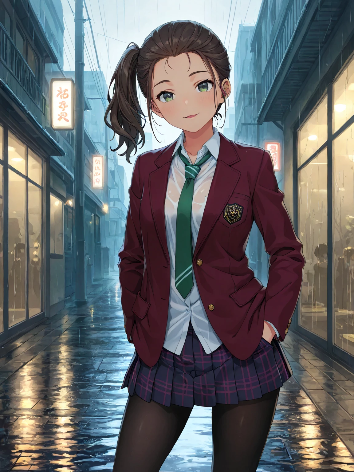 masterpiece, best quality, very aesthetic, realistic anime, Sharp Focus, high contrast, 1girl, detailed green eyes, half opened mouth, smile, dark brown silky hair, hair pulled back, side ponytail, contrapposto, Captivating thighs, uniform, blazers, (hads in pocket, unbutton), Green tie, Plaid Pleated Skirt, black tights, rainy city, at night