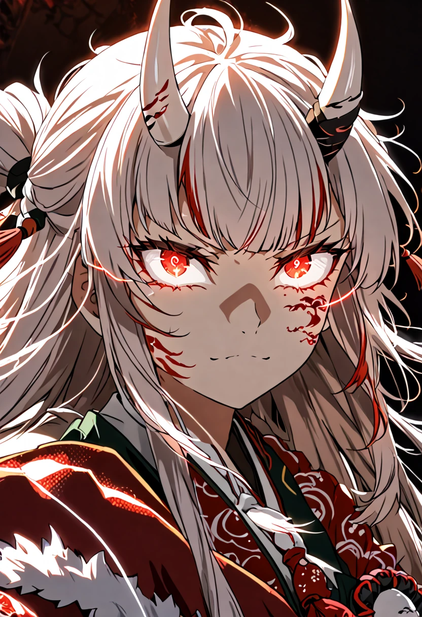 8K Ultra High-Quality, ultra-detailed, High quality, Nakiri ayame, white oni horns, glowing hair, glowing eyes, close up, glowing red face tattoo, dark background