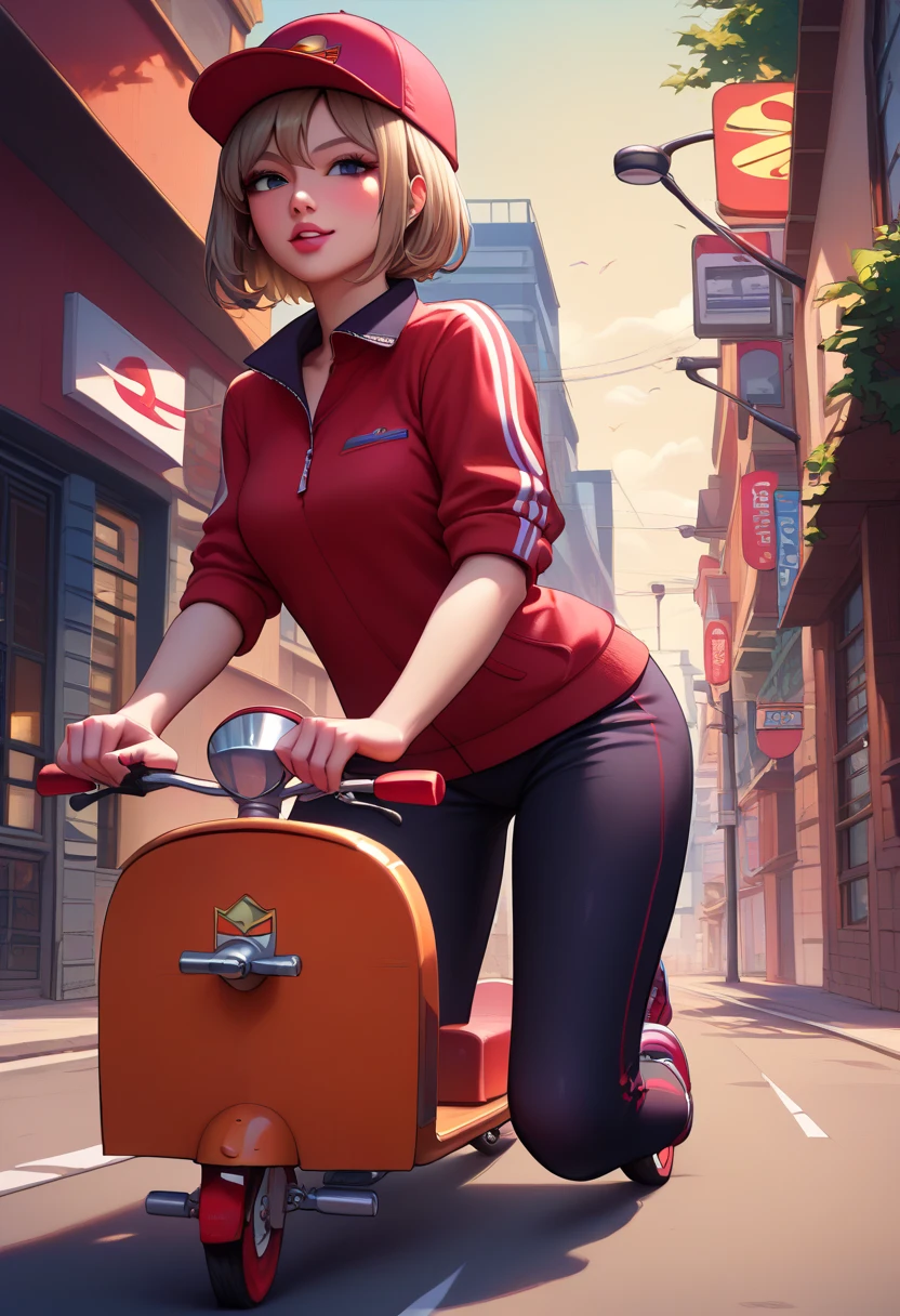 score_8,  young woman with light brown bob cut hair 、 wearing a red uniform and cap 、 riding a red delivery scooter through the city at dusk。 on the back of the bike 。side view, ( scooter with a fixed delivery box :1.5),  the cityscape is lined with cafes and small shops 、 riding warm lights and streetlights softly illuminating the city 。The sky changes from orange to purple 、Dim evening,  A lively atmosphere spreads 。low angle

