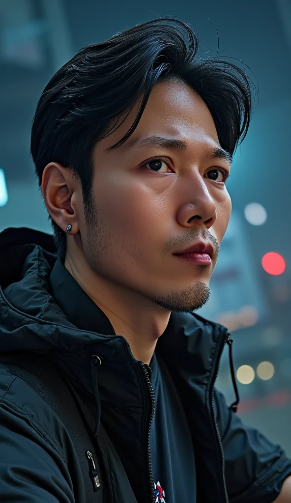 change background si-fi, night aesthetic illustration style, wear shirt, 8k, ultra realistic, Handsome, jojo, 38-year-old male, Photorealistic, 8k, photography, masterpiece, detailed face, detailed eyes, Black hair with gray Sporadic,