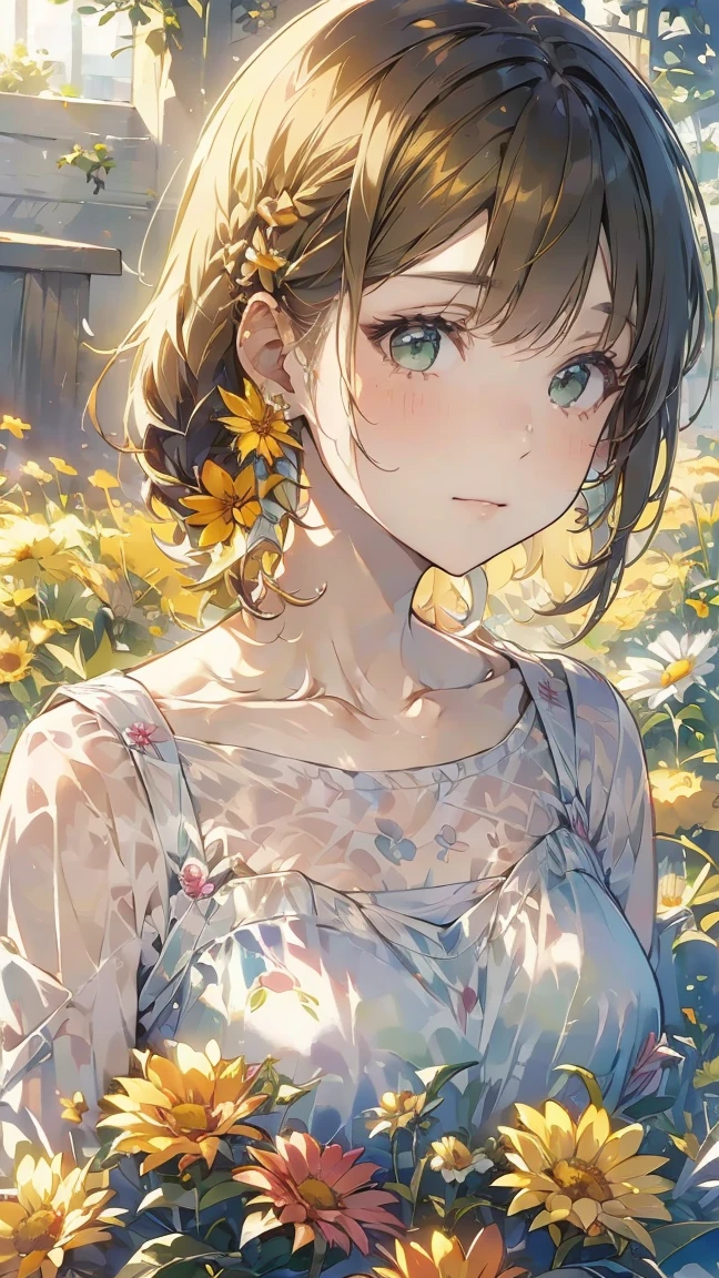 (aquarelle:1.2),1girl in, solo, florals, Sun flower,hitornfreckles, portraitures, fronds, bangss, signed, yellow flower, Mitsuami's hair、brown haired, length hair, green eyes, hair between eye, Flower earrings