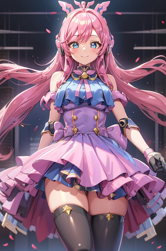  smiling、mecha wing、Thighs、 black tights、chest、 shiny pink hair 、  1 girl、 solo girl、 headset 、idol dress、idol skirt、 light blue mini skirt 、mecha girl、I have a white armor 、Has a beam rifle、beam rifle