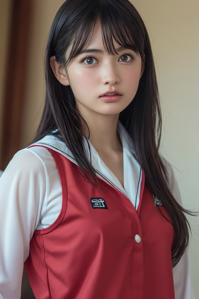 ulzzang-6500-v1.1, (Raw photo:1.2), (Photorealism), Beautiful detailed girl, Very detailed eyes and face, Beautiful detailed eyes, Huge file size, (Big), High Resolution, Very detailed, Best quality, [Masterpiece:1.6], [JK Uniform], Illustration, Very detailed, CG, Fine detail, Best quality, Very detailed CG uniform 8k wallpaper, Movie Lighting, 1 girl, 17 years old, cute Japan high school girl, perfect figure, [white school blouse front unbuttoned, bra visible], large taut breasts, [huge breasts, heavy breasts, H cup: 1.9], cute drooping eyes, beautiful big eyes, white school blouse, no bra, sweaty and wet, [sexual arousal: 1.1], [lying in bed: 1.5], Hands raised, school uniform ribbon around neck, smile, (the whole body is wet), shining eyes