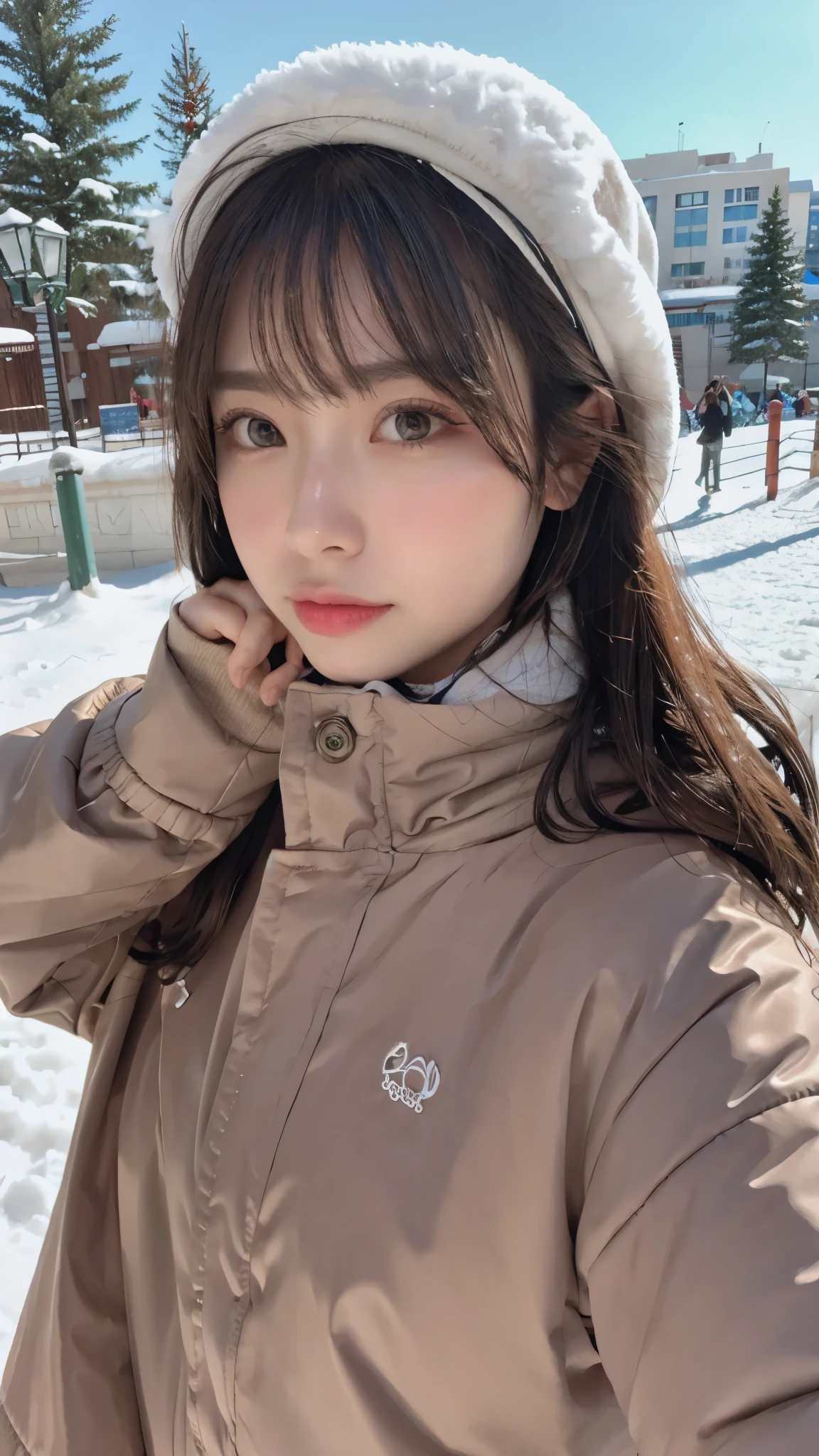 realistic photos oF (1 cute Korean star) Shoulder-length hair, Light makeup, Medium breast size, Wearing a coat, In the snow, clear Facial Features, 8K high resolution, Crisp, lifelike details.From outside, Eye level shooting, F/4.0, 135 mm, Fujifilm, jpeg artiFacts, Jitter, Ultra HD, masterpiece