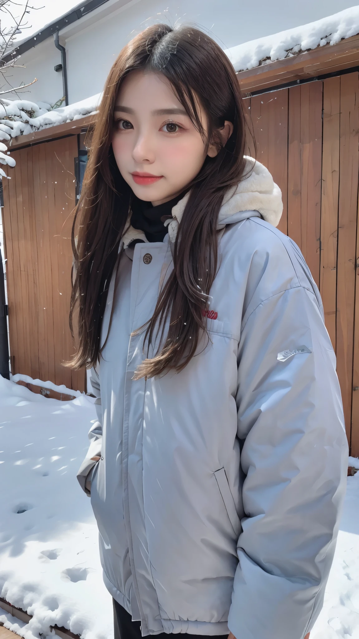 (Did We Really Love), (masterpiece, best quality), (photo realistic), (photograpy), (intricate detail, Detailed Face), high-resolution, HDR, 1girl, solo focus, 20 years old sexy korean girl,
front view, looking at viewer,
Light smile,
White ponytail hair,
variety of hairstyles,
High teen style,
Winter, White winter coat,
snowy outdoors Background,
gigantic breasts:0.1,
wide hip:0.4,