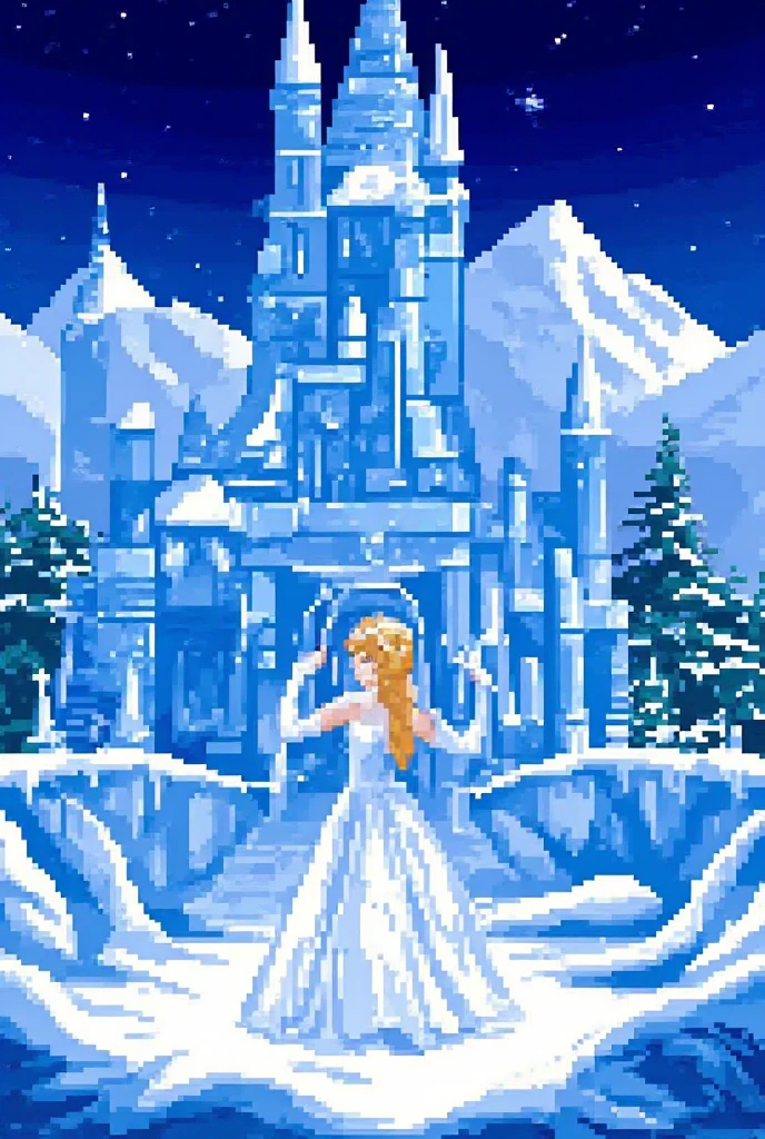 (pixel art) princess in a magical ice castle, ice palace, ice architecture, ice sculptures, icicles, shimmering ice, frozen landscape, snowy mountains, winter atmosphere, cold blue lighting,