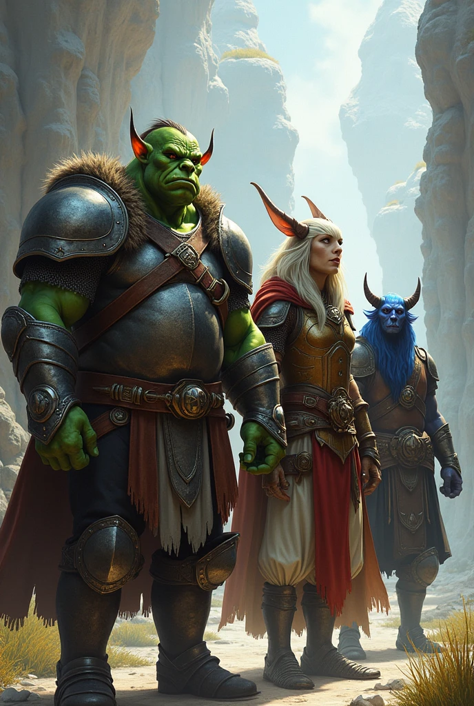 A male half orc barbarian and a Male half elf paladin and a Male water genasi cleric and a Female changeling bard with a oute standing in a medieval city marketplace 