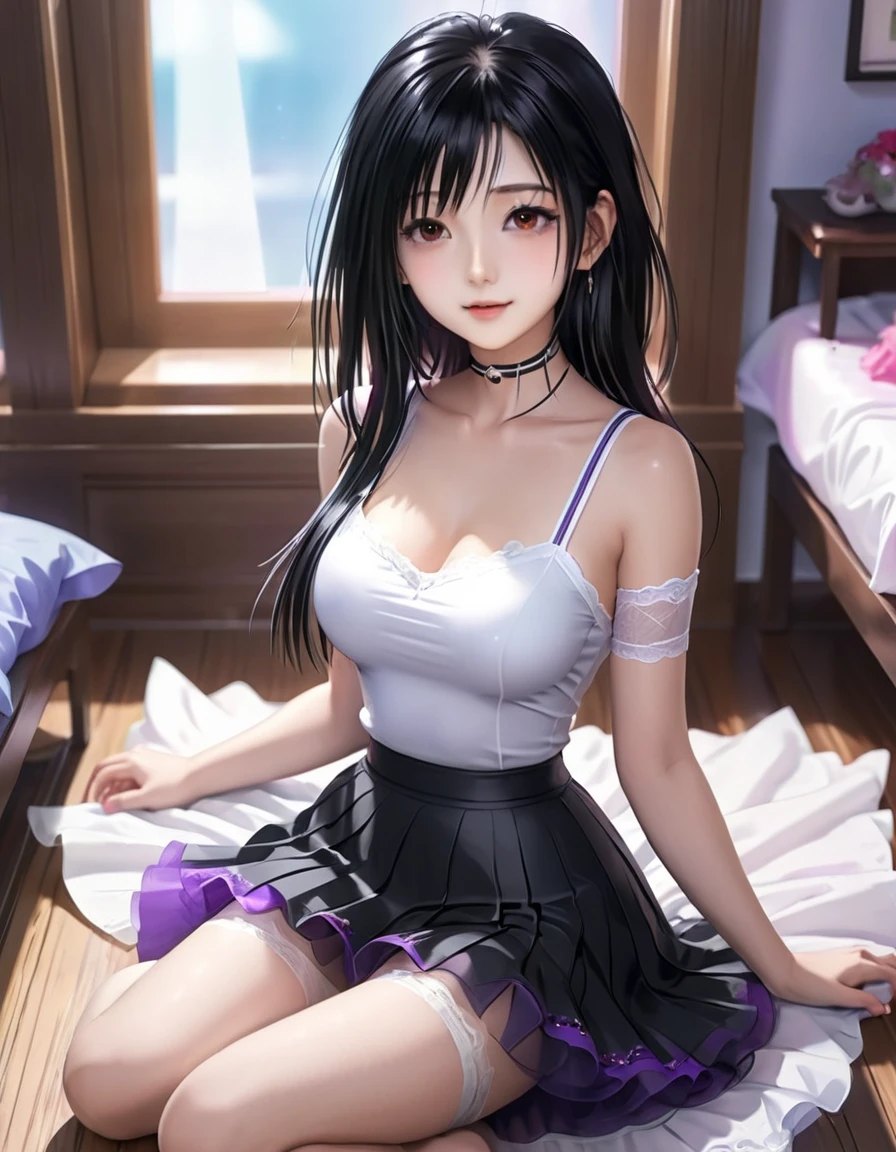  1 girl ,  sole ,  toes, black_hair, length_hair,  watching _in_ viewer,  sitting, chest, Thighs丈, rining:safe, Alone,  shirt, , throw_feet, see-Through, black_ legwear,  no _shoes, length_sleeve, garter_ strap,  purple _eye, white_ shirt, 前hair, black_ good, smile,  goodid,  skirt, Eyebrow_visible_Through_hair,  good, shortening,  good_Through_clothes, race,  divided by w_lips, mini skirt, Crossed_foot, underwear, Thighs, race-trimmed_ legwear,  medium submerged_chest, full_body, big_chest,  bed_Sheet, black_ skirt, teeth, arm_support, lips, foot, dull_前hair,feet_concentrated