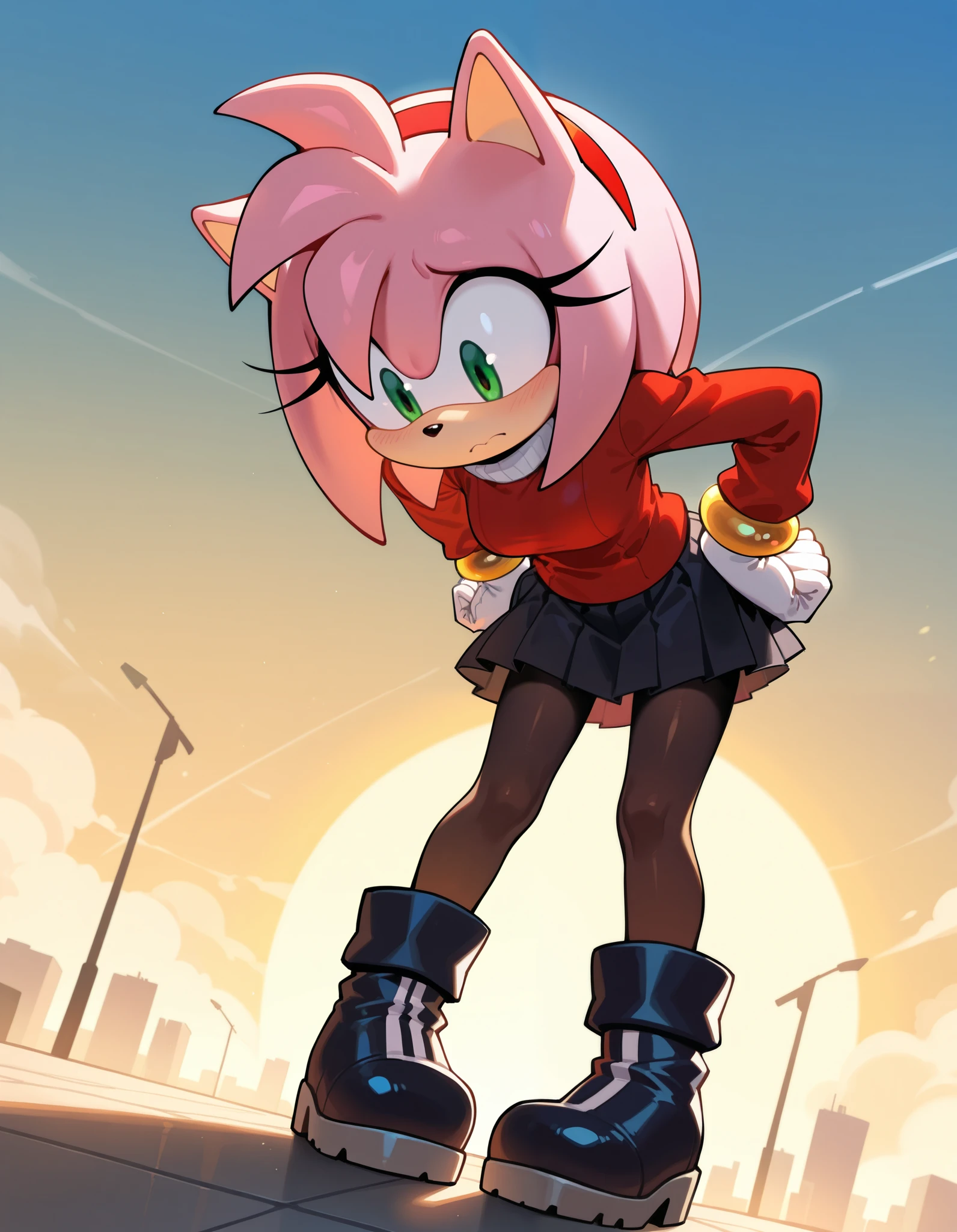 masterpiece, best quality, amazing quality, very aesthetic, absurdres, solo, full body, no humans
solo,  standing,  hands on own hips,  leaning forward,, shaded face,  raised eyebrows,, low angle view,
evnstnly, amy rose, furry, pink fur, green eyes, sweater and pleated skirt set, ankle boots, pantyhose, , white gloves,