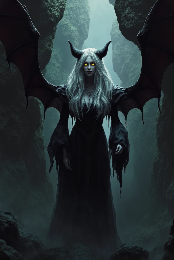 A human with small horns and demonic black wings with long white hair summoning skeletons