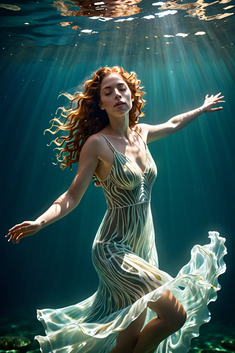 On a sunny day (a charming woman floating in the blue sea water wearing a full evening dress), with folded waist, underwater artistic gymnastics, underwater photography, ethereal atmosphere, stylish underwater lighting, the best quality, high resolution, Ultrathin, photographic realism: 1.37, Estilo Shaw, Estilo Zena Holloway, vibrant colors in a dreamy palette, soft golden sunlight shining through the water, creating a heavenly light. The ocean surface is bright and lush, and the flowing fabric of the evening dress swirls gracefully in the water. Woman's charming look, Charming and expressive eyes, and long hair fluttering gently The ground floats in the water, creating a magical and light atmosphere, with subtle hints of sea creatures, like colorful fish or delicate corals, Capturing the tranquility and tranquility suspended in the water, elegance and sophistication intertwined with the natural beauty of the ocean, women exude elegance and confidence, easily blending into the aquatic environment.
