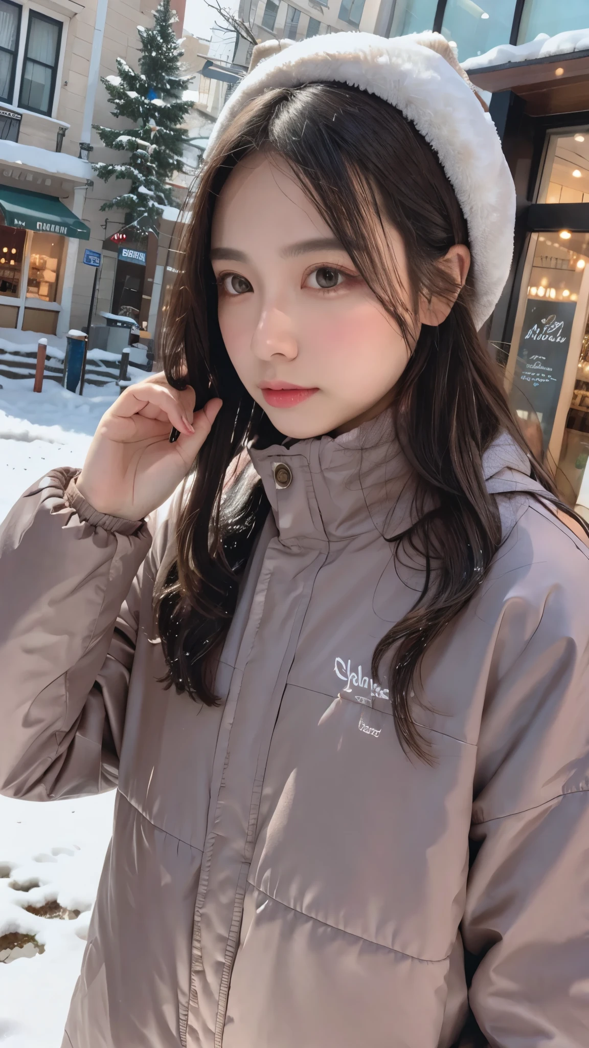 Masterpiece level,best picture quality,Hyper-clear resolution,Realistic Details(fidelity:1.4 pcs) CG works,1 girl,Winter snow,(Long pink down jacket:1.6),(The face is a little rosy:1.2),Long Black Hair,Black eyes,hands in pockets,Look at the audience affectionately,There are a few snowflakes in the sky,Winter with clear skies,full-bodyphoto,1, girl,smile,、,,shy,Raise your hand in greeting