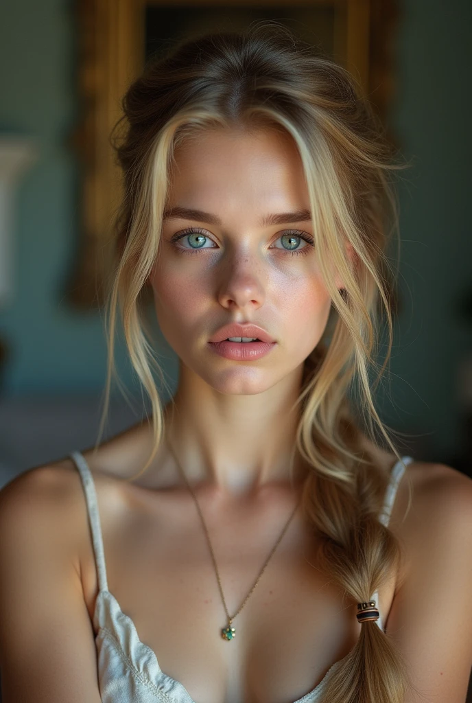 1 girl, thin face, sharp blue eyes, king, hair in bun, delgado:1.3, body, looking at the viewer, (shot at eye level, cowboy shot), full nude