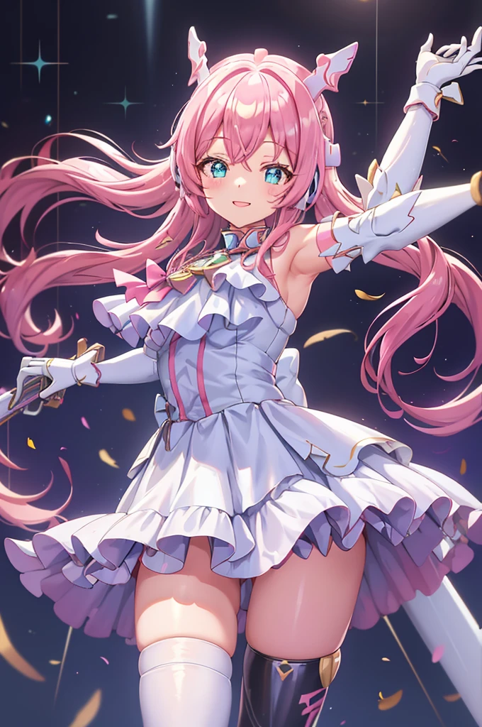  smiling、mecha wing、Thighs、 black tights、chest、 shiny pink hair 、  1 girl、 solo girl、 headset 、idol dress、idol skirt、 light blue mini skirt 、mecha girl、I have a white armor 、Has a beam rifle、beam rifle